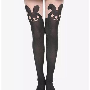 Hot Topic Rabbit Face Faux Thigh High Tights Lightweight Sheer Black Size M/L